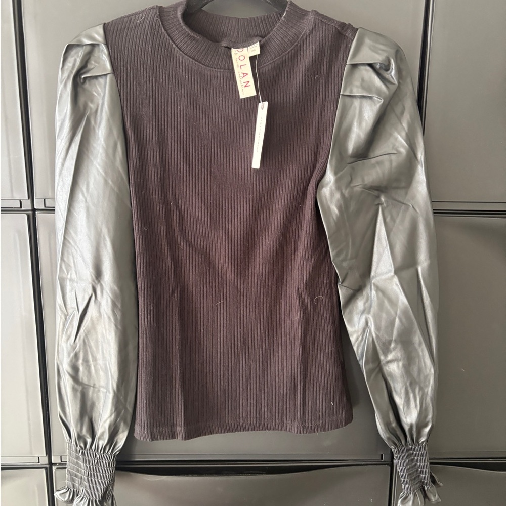 Anthropologie Dolan Black Ribbed Top with Leather Sleeves
